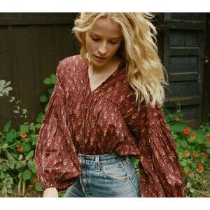 Doen Collection Petunia Happy Flower Block Print Blouse Top Peasant S New 280277